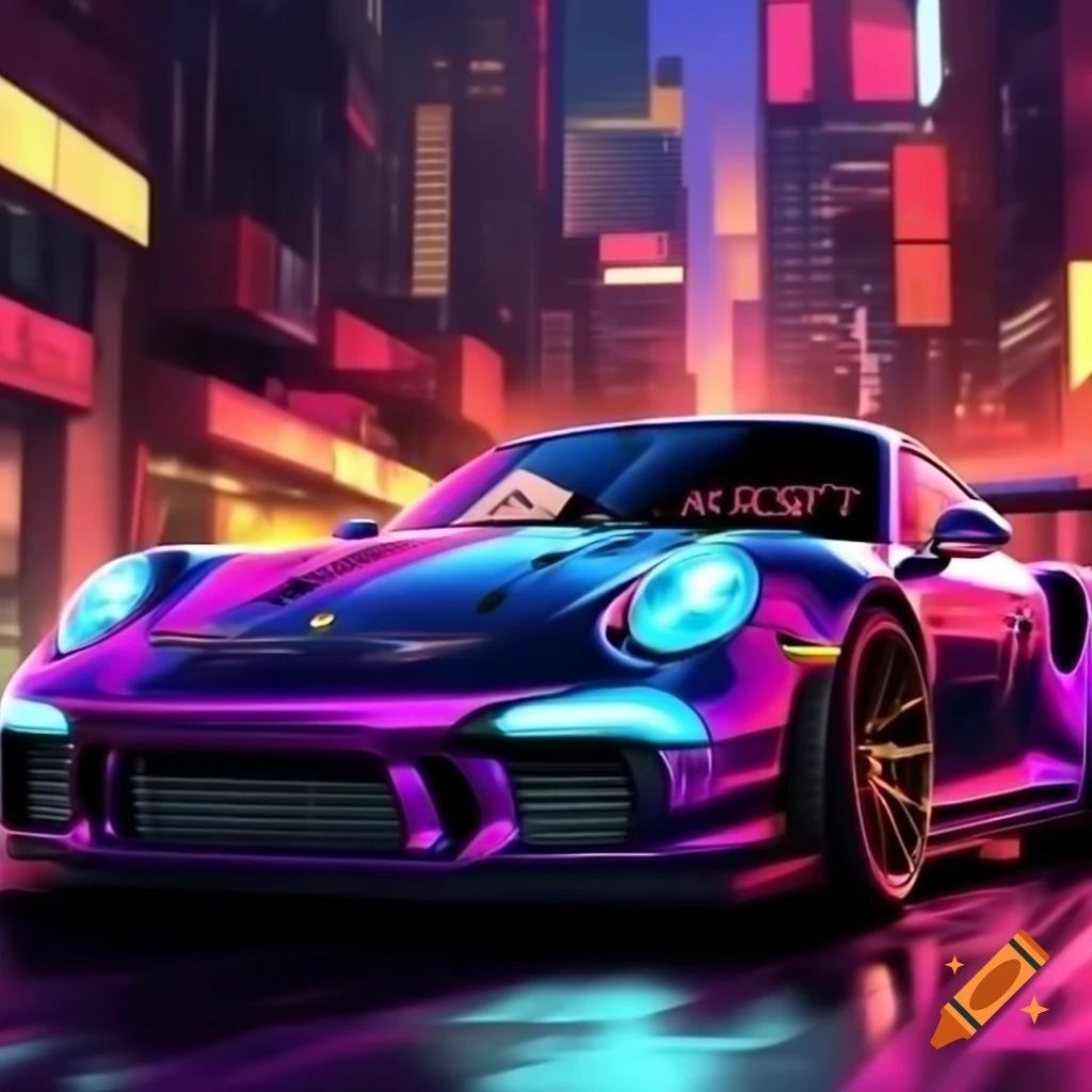 Porsche 911 GT3 with mega spoiler in neon light cityscape