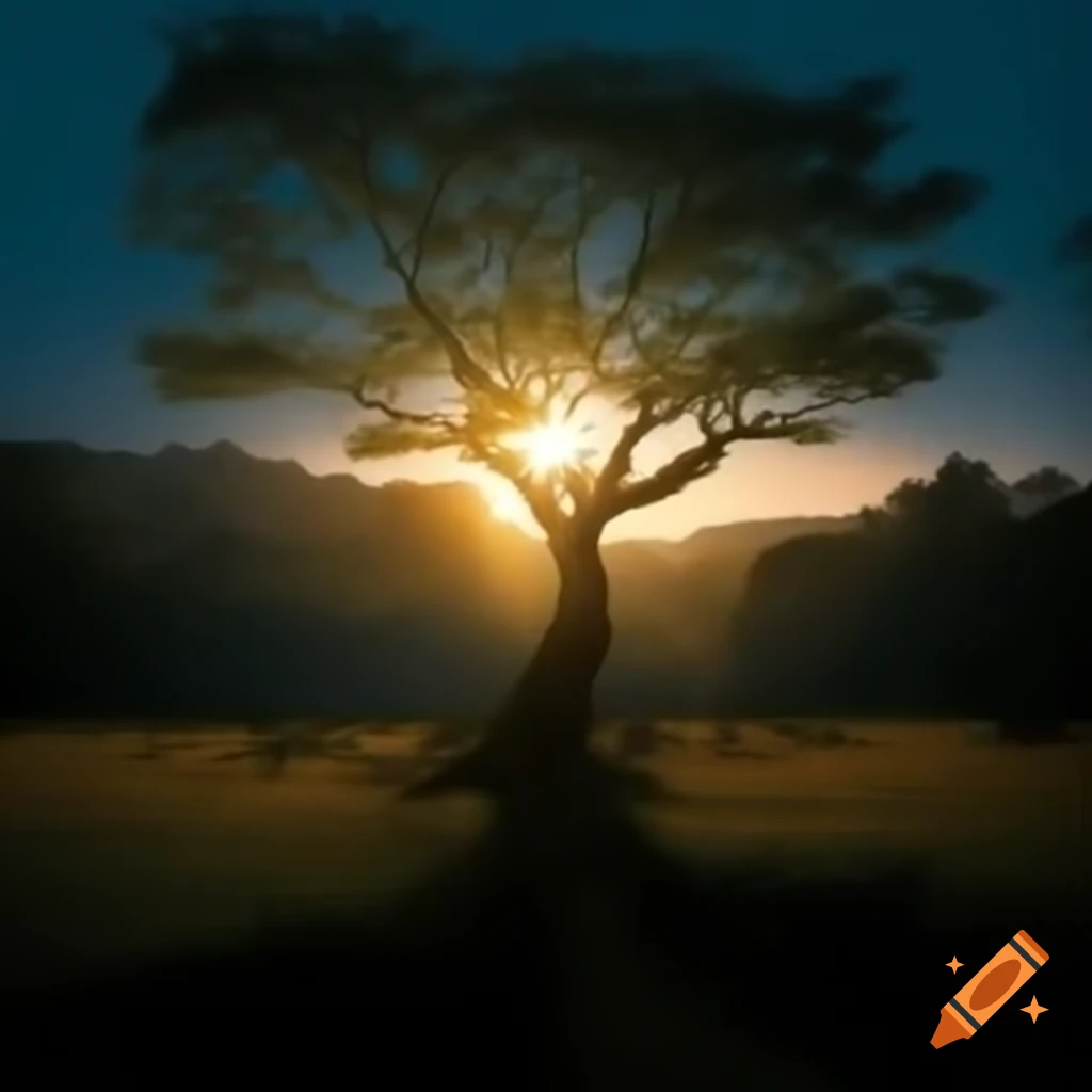 Child exploring magical tree in forest during sunset