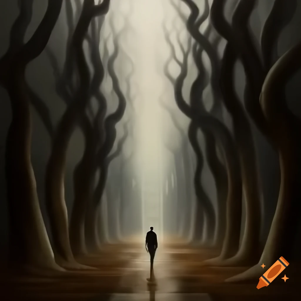 Person walking down a foggy path surrounded by twisted trees