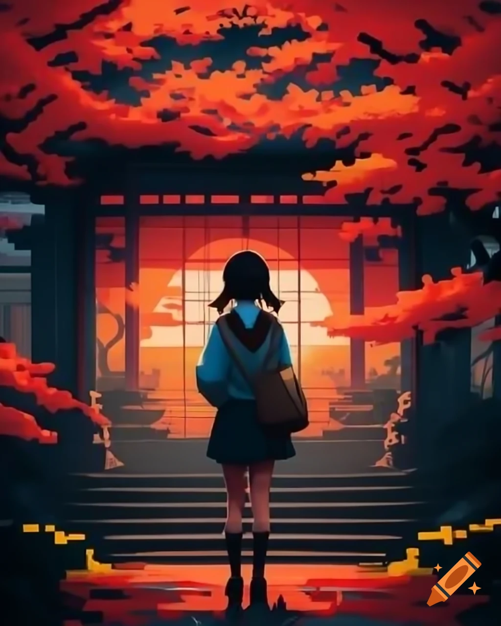 Japanese actress in school uniform at school entrance with maple trees in autumn, PC-98 pixelart style