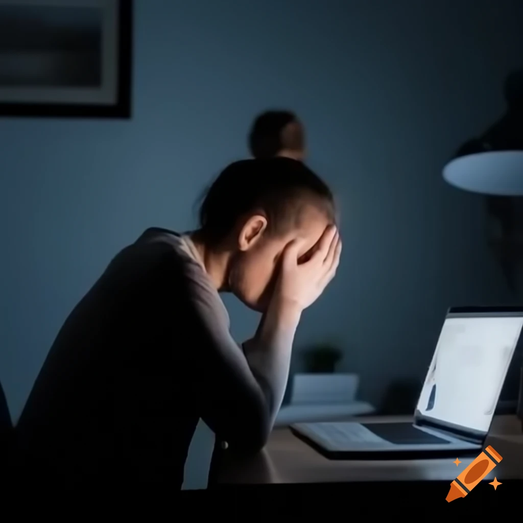 Distressed person with sore throat next to laptop and presentation slides