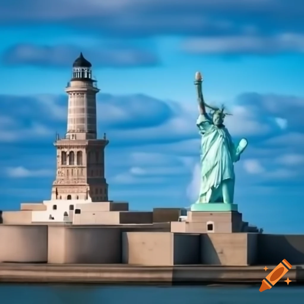 Statue of Liberty embracing a lighthouse