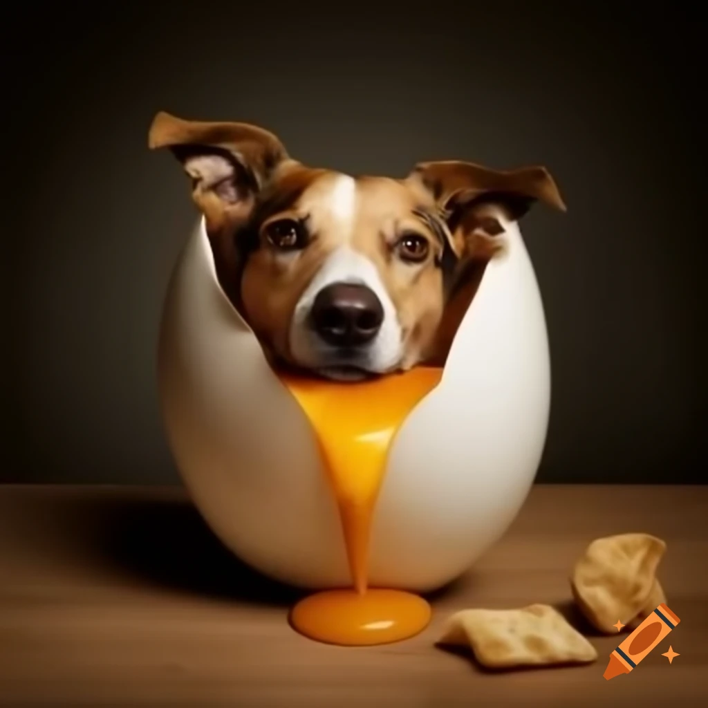 Dog inside an egg enjoying snacks