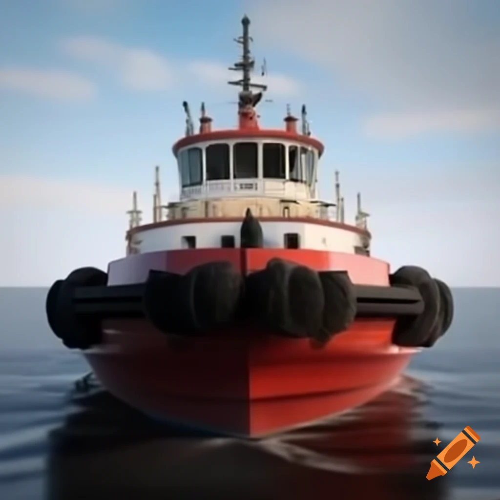 Close-up of red tugboat ship positioned elegantly facing forward