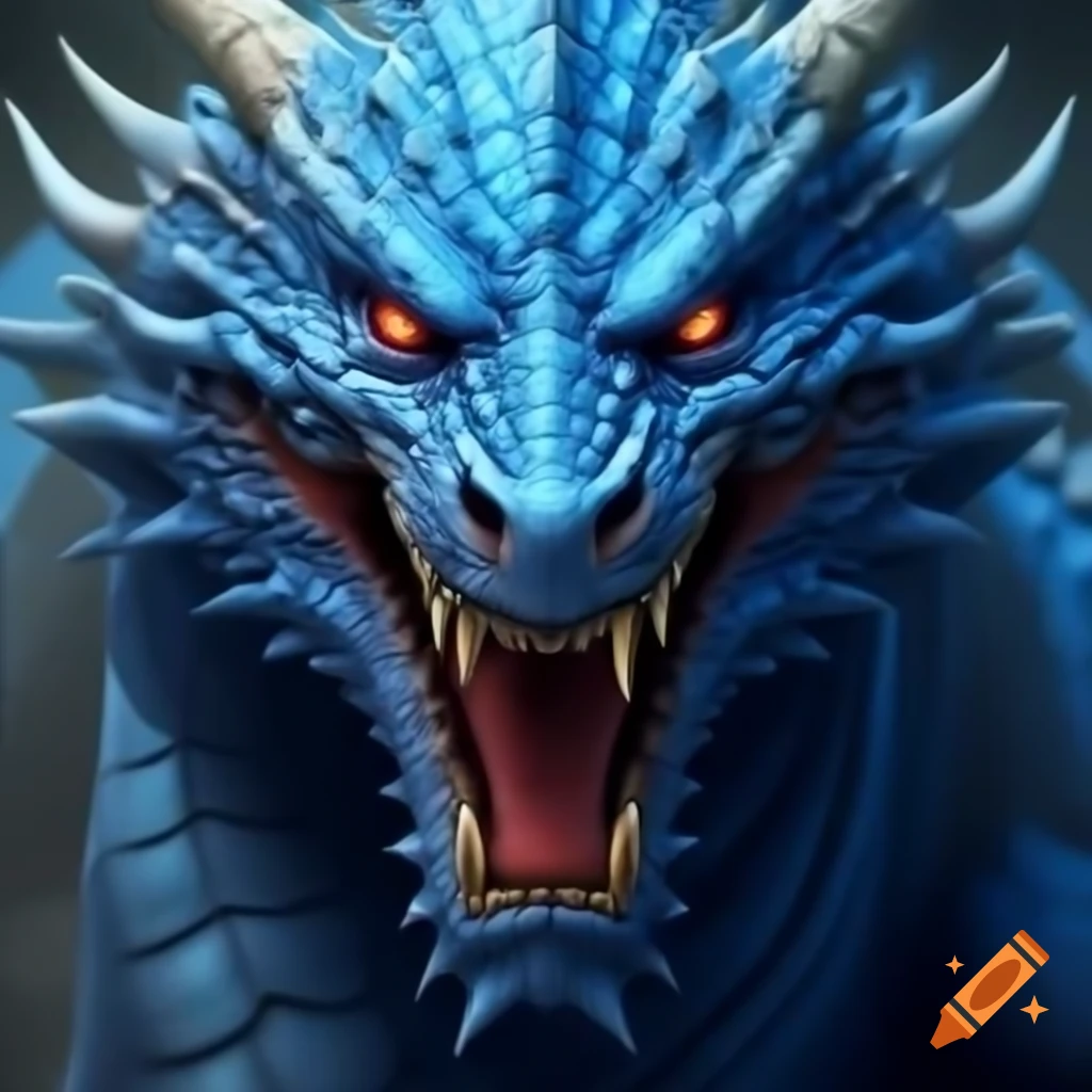 Fierce-looking blue dragon with intense expression
