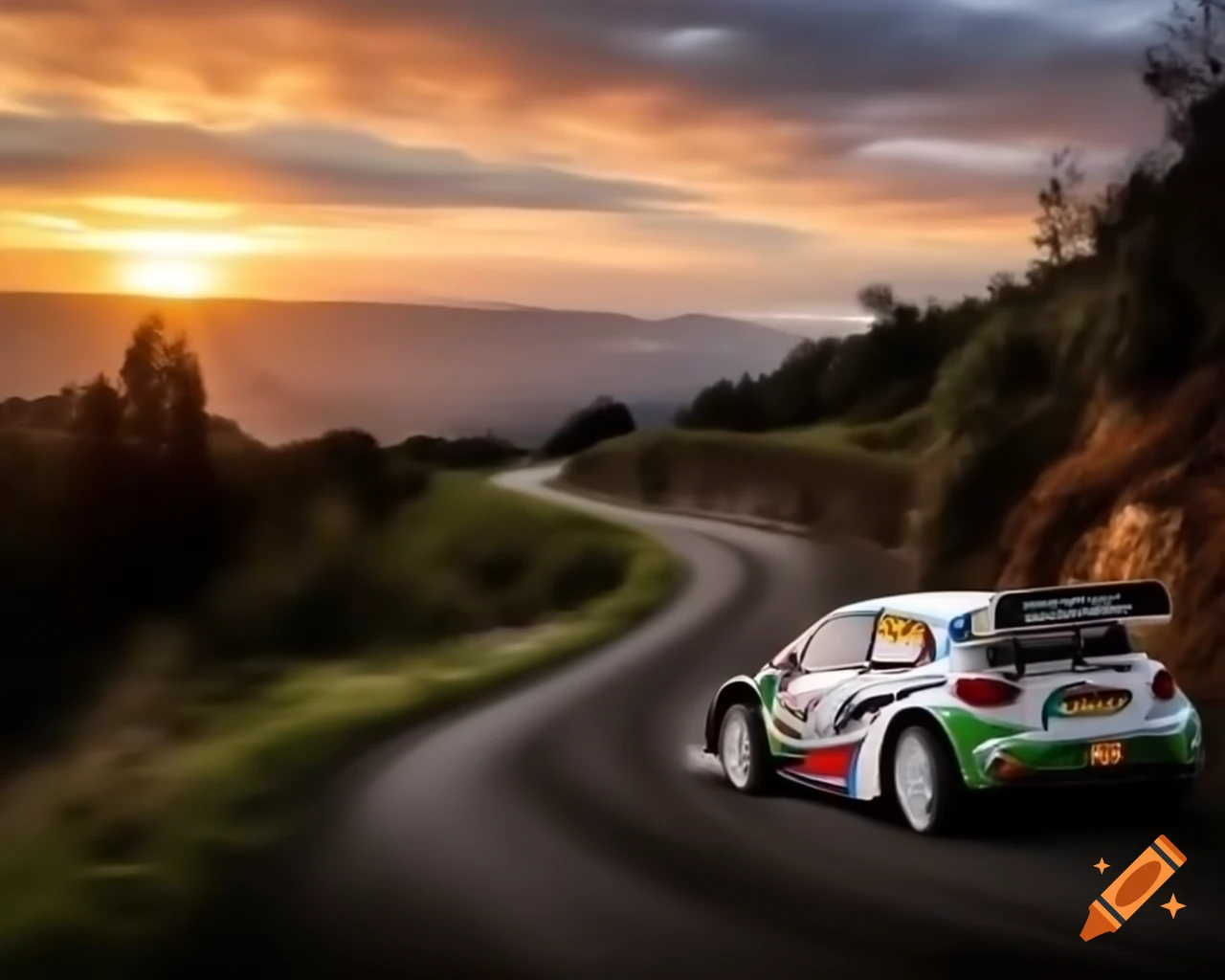 Cars drifting on winding gravel road at sundown, painting inspired by Klaus Wagger