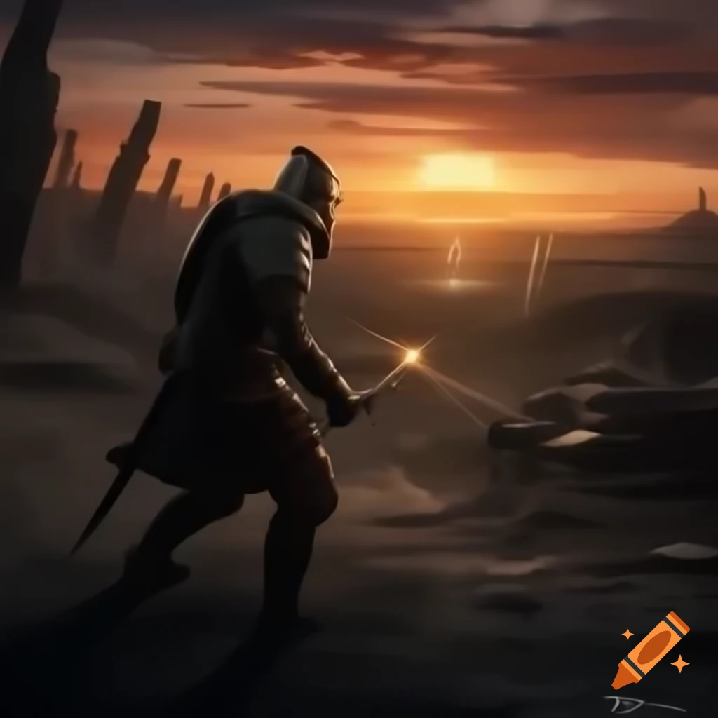 Sunset Warrior Ronin emerging from bunker in protective gear carrying helmet and sword
