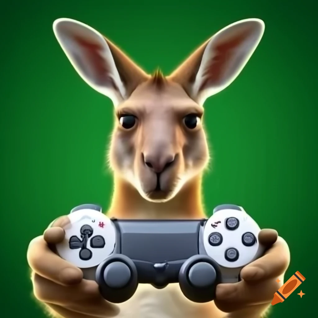 Kangaroo with playful expression holding PlayStation controller
