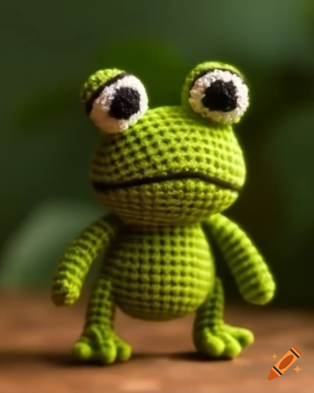 Crochet amigurumi figurine of an angry frog