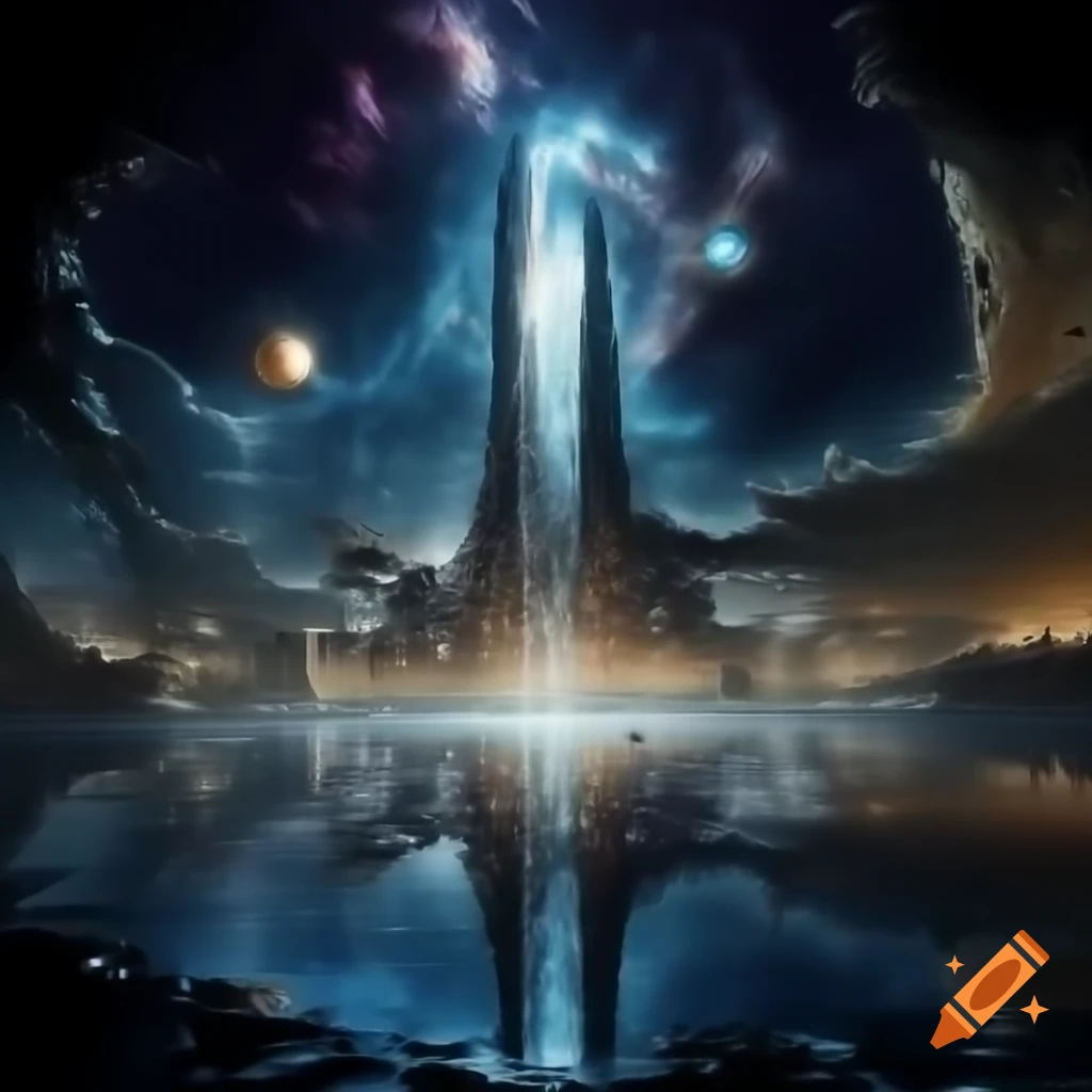 Shimmering city of mirrored structures in cosmic ocean reflecting starlight