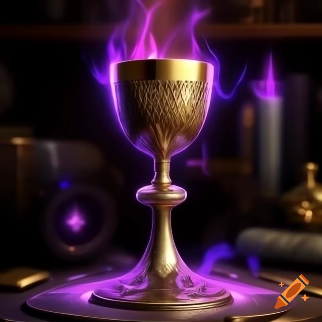Glowing magic chalice on warlock's desk with epic fantasy background