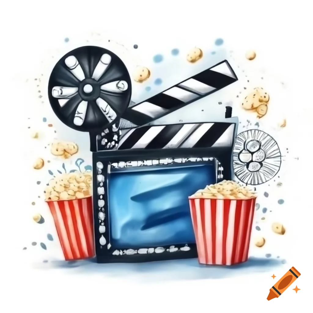 Symbolic representation of movie category with film reels, clapperboard, and popcorn