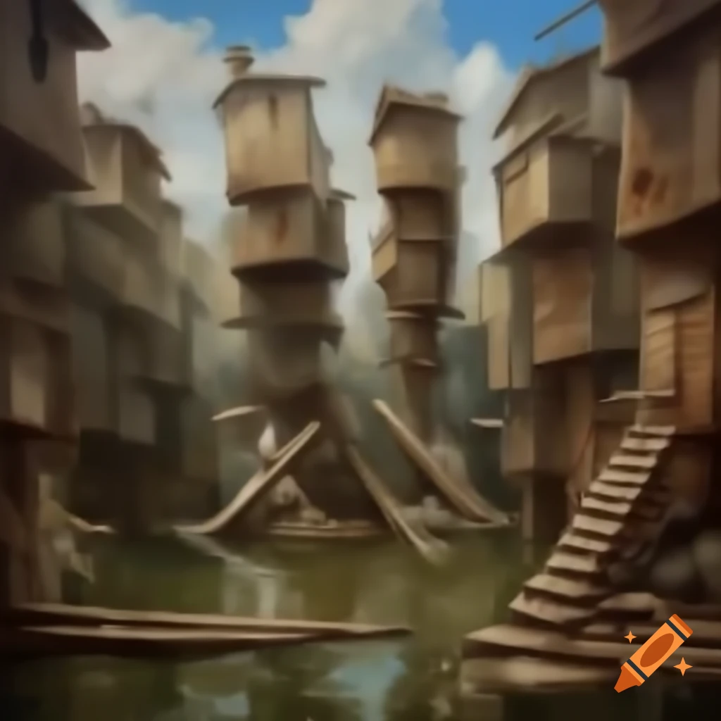 City slums with stilt structures on lake, made from stone, wood, and waste materials