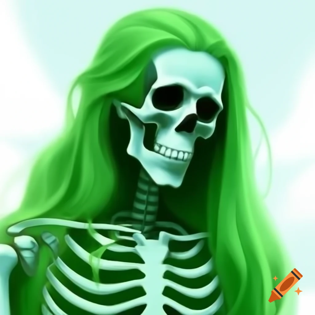 Green-themed skeleton man with long hair against white background