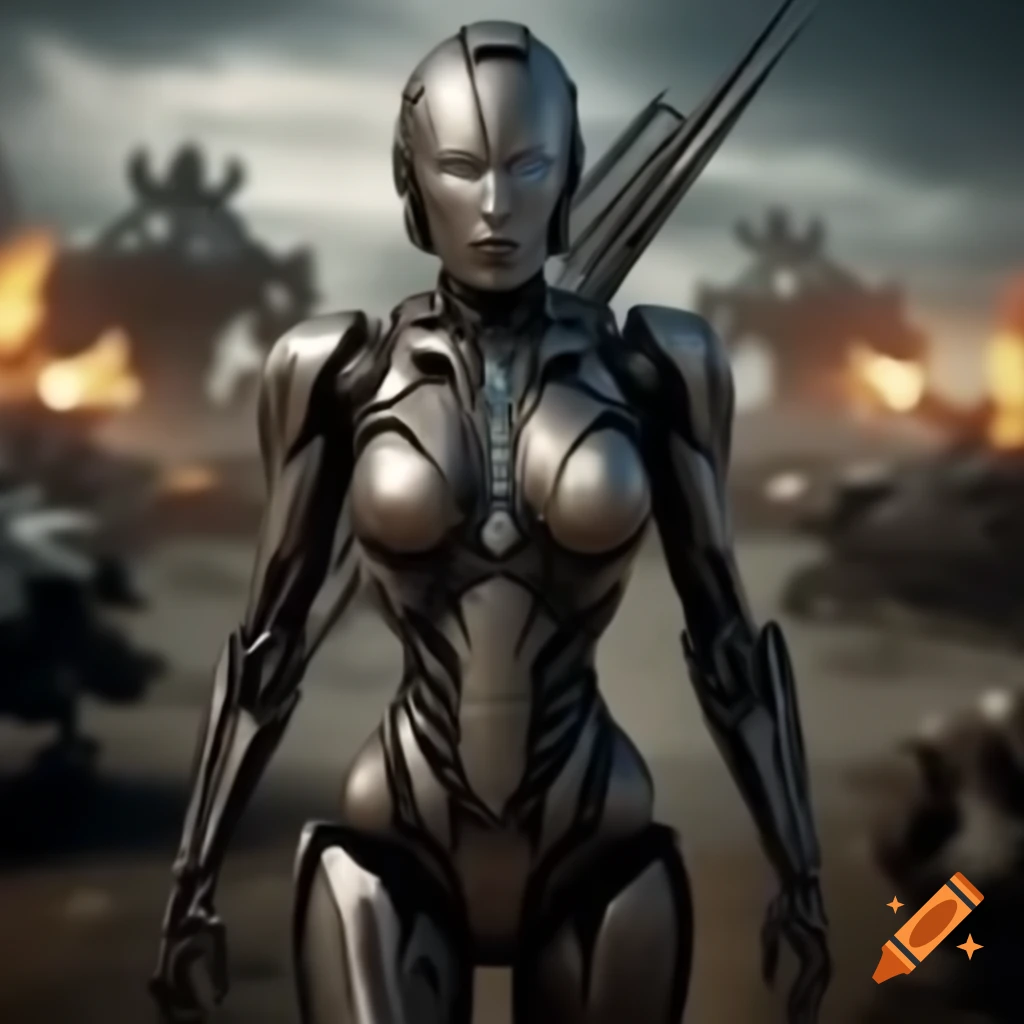 Cyborg warrior in a dynamic pose on a battlefield