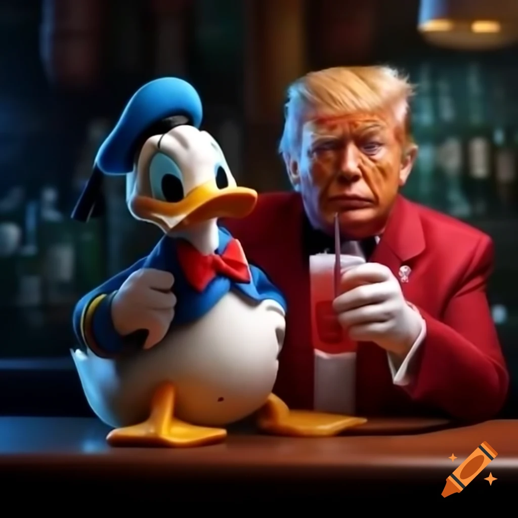 Candid photograph of Donald Duck with Donald Trump in a bar setting
