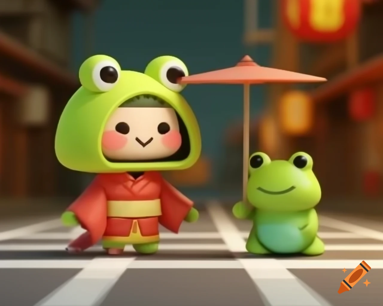 Cheerful frog in kimono holding umbrella on Japanese street, 3D render