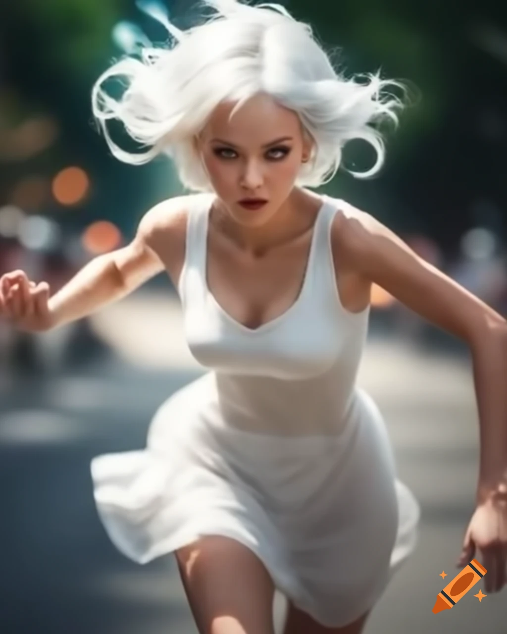 Anime realistic depiction of woman with white hair in white dress running