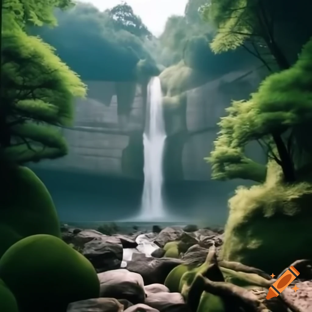 Japanese-style castle next to waterfall on peak