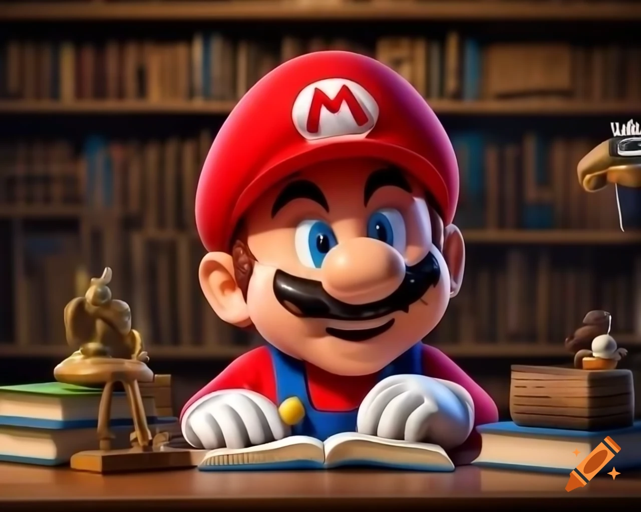 Mario Bros interacting with fans and signing books in 3D Pixar Disney style