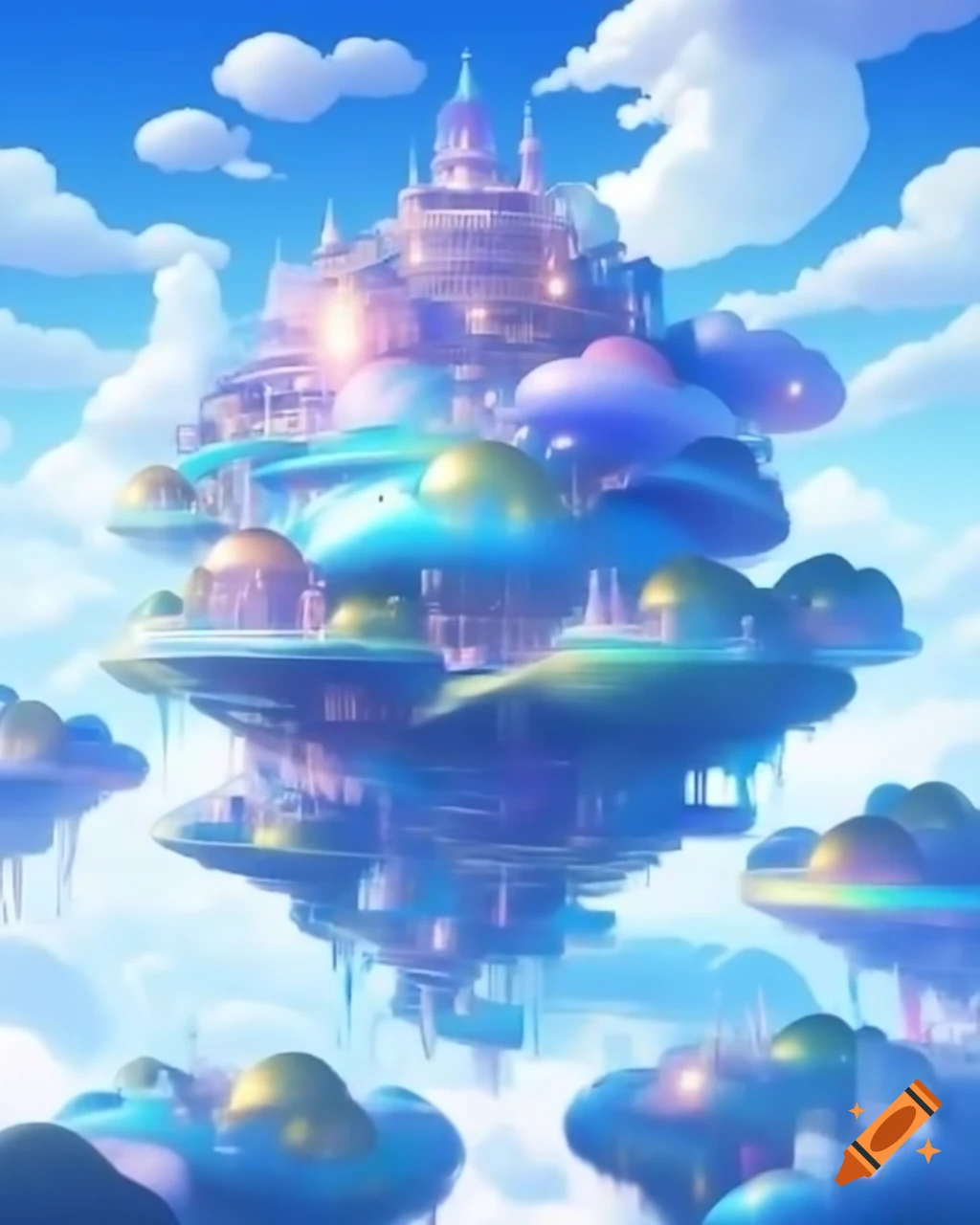 Whimsical city floating above clouds with translucent bubble structures