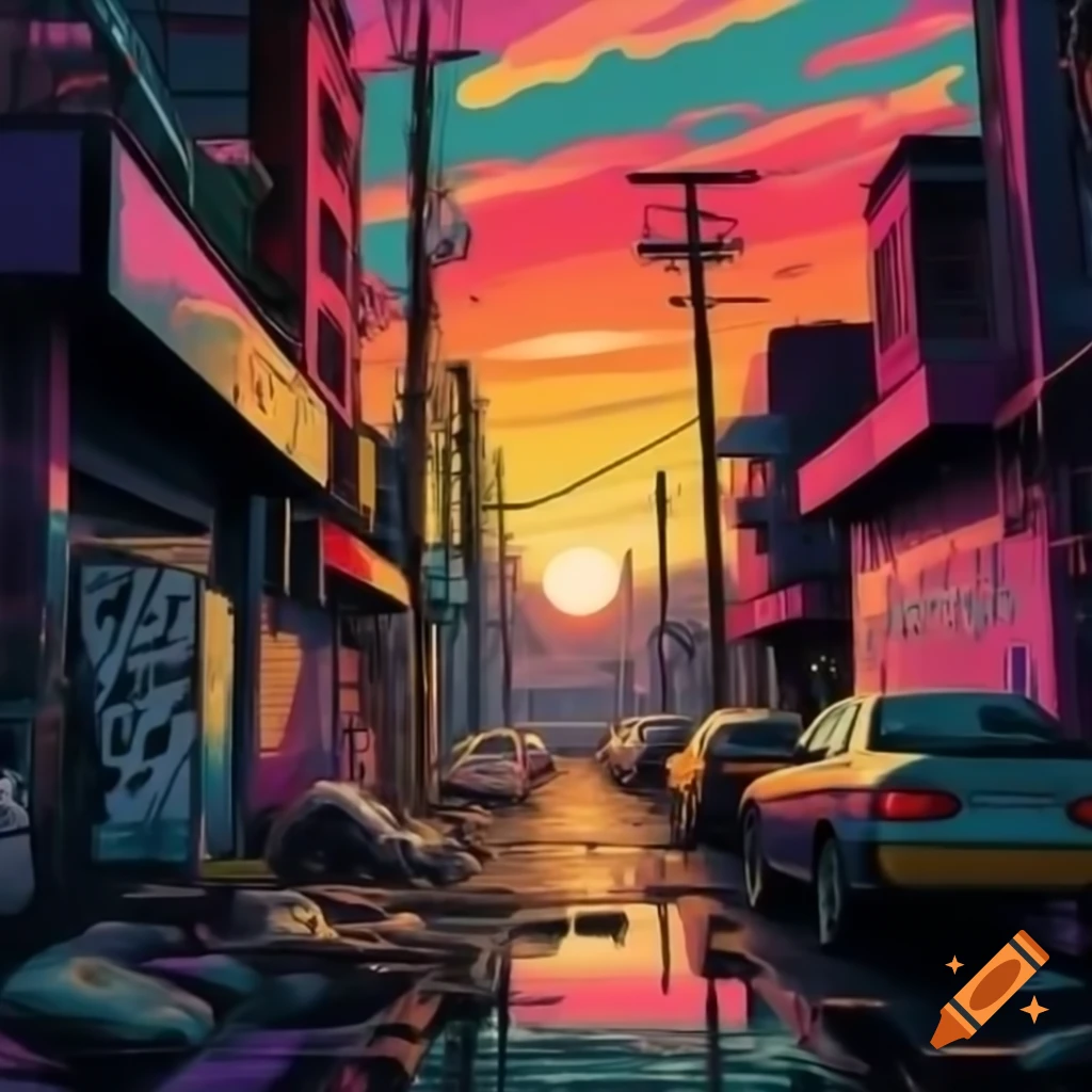 Colorful city ghetto with graffiti art under a rainbow sunset