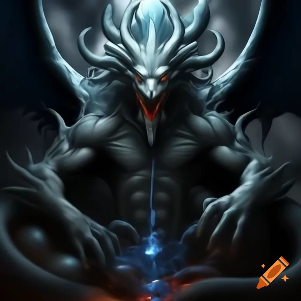 Ethereal and imposing figure with demonic and hydra influences, glowing orb eyes
