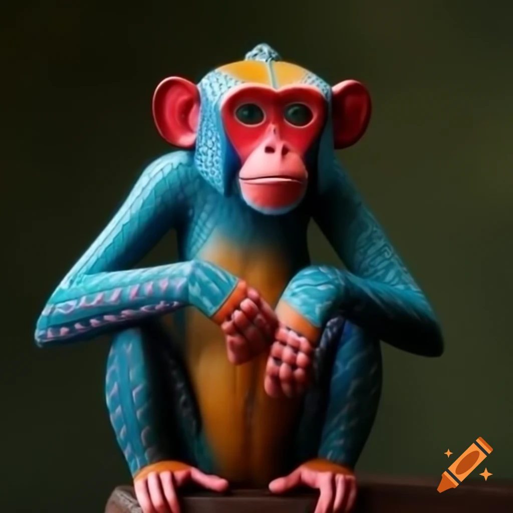 Colorful alebrije monkey sculpture with arms close to body