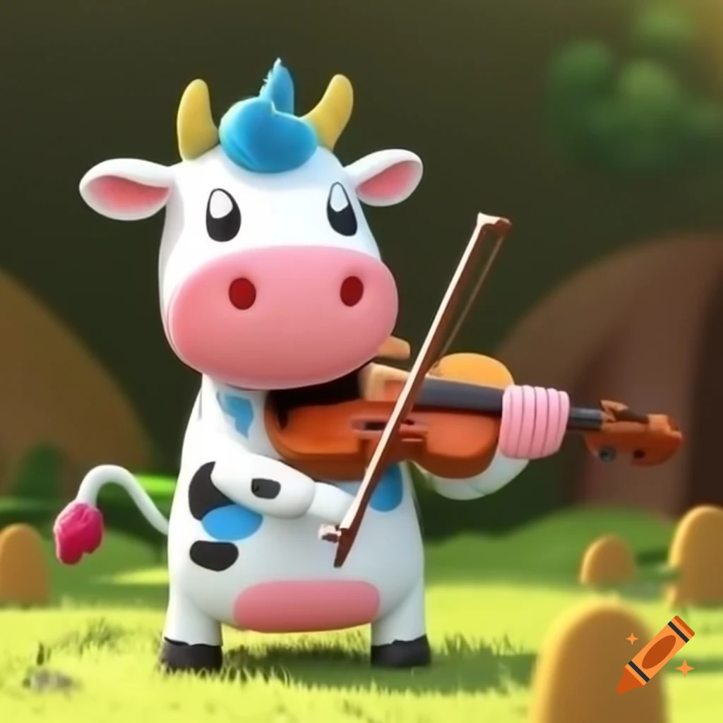 Cow playing carols on violin for unicorn