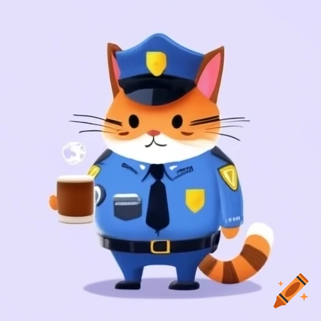 Cat police officer holding mug of coffee