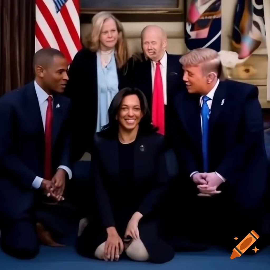 Kamala Harris kneeling before Donald Trump