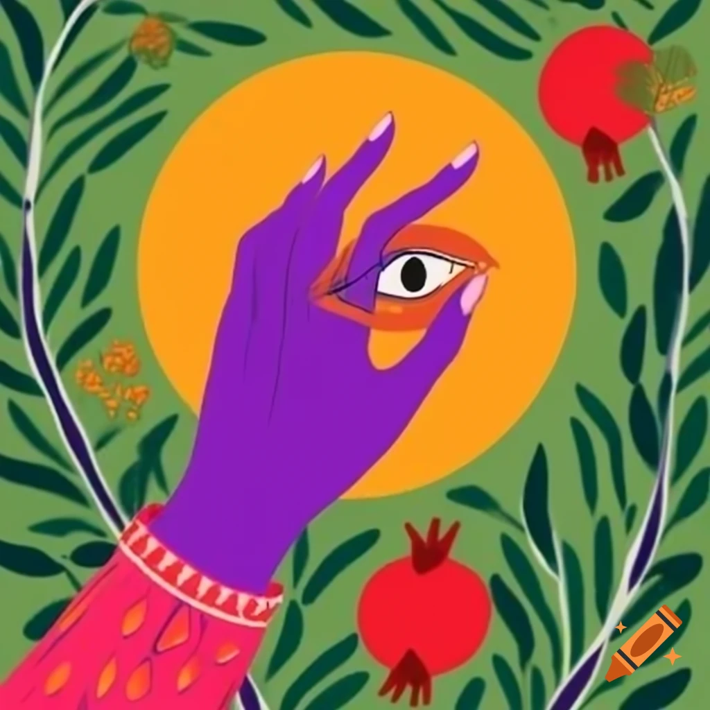 Purple hand with eye ring reaching towards sun, pomegranate branch in background