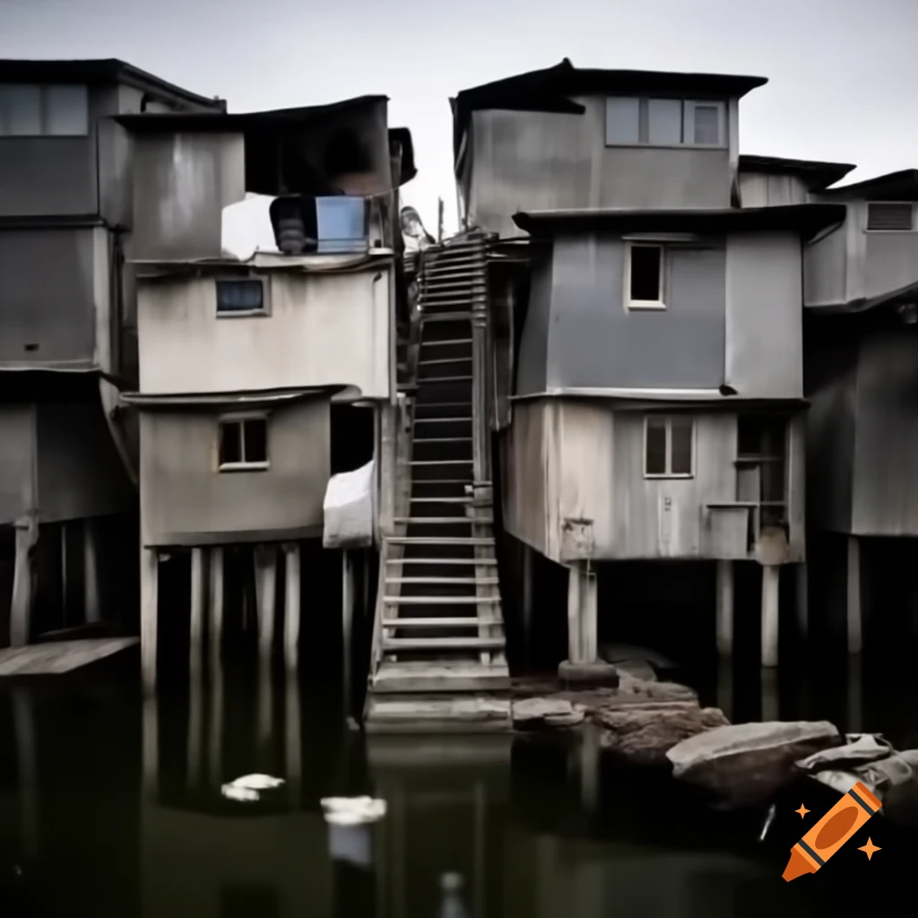 Slums with stilted structures on lake made of stone, wood, and waste materials