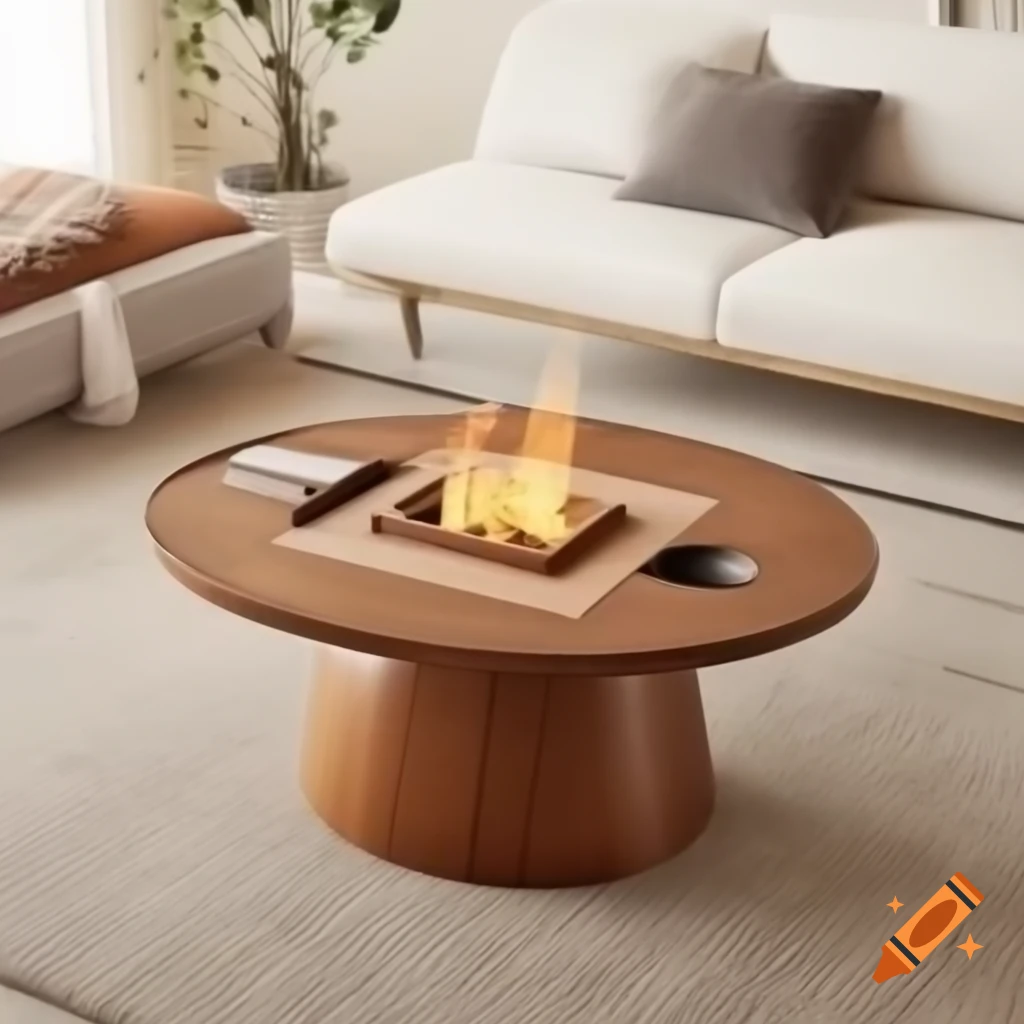 Modern living room with wooden table featuring feng shui elements