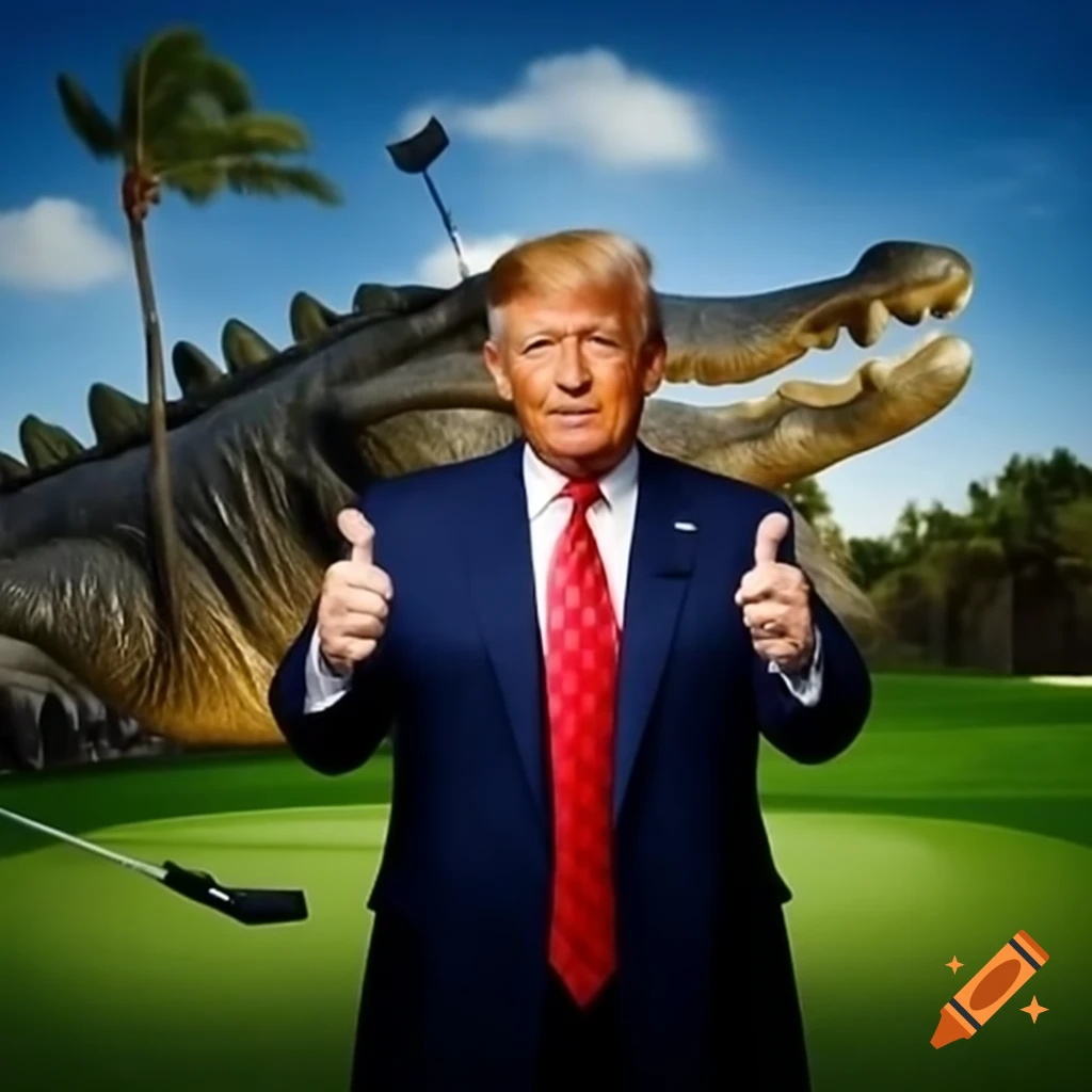 Photorealistic satire of Donald Trump golfing, chased by giant alligator
