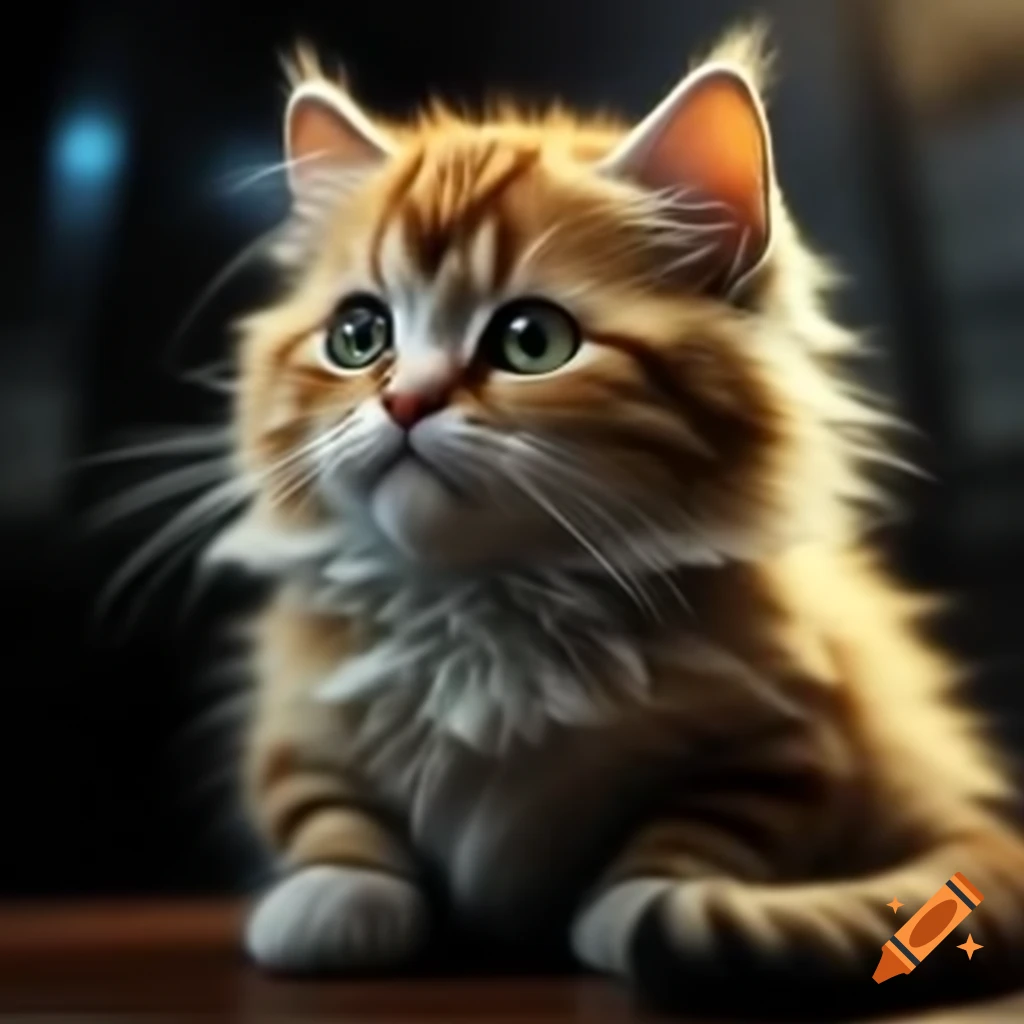 Highly realistic adorable cat with luxurious fluffy coat and sharp glowing eyes