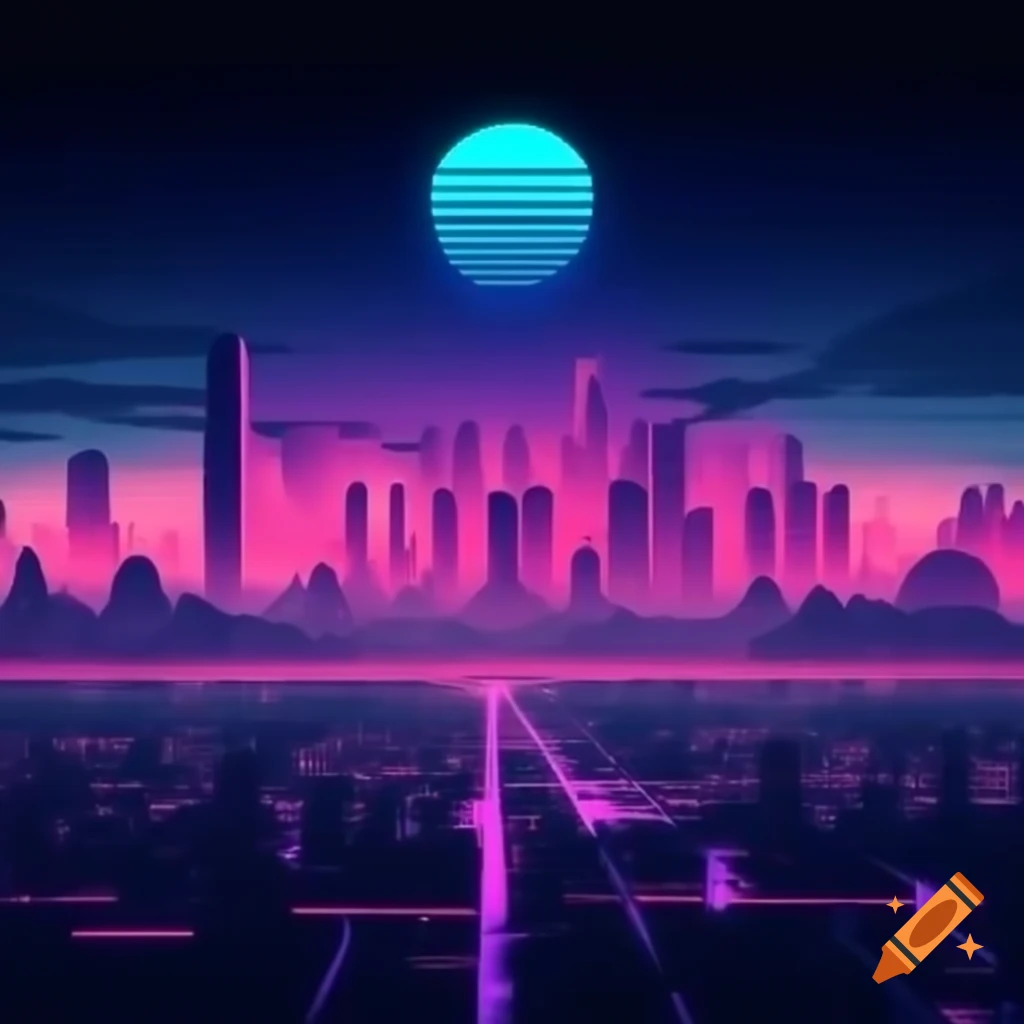 Synthwave skyline with vibrant colors and retro aesthetic