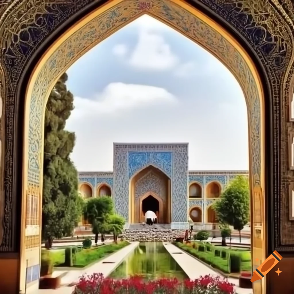 Detailed view of Shiraz city with Shiraz-gate archway surrounded by trees and flowers