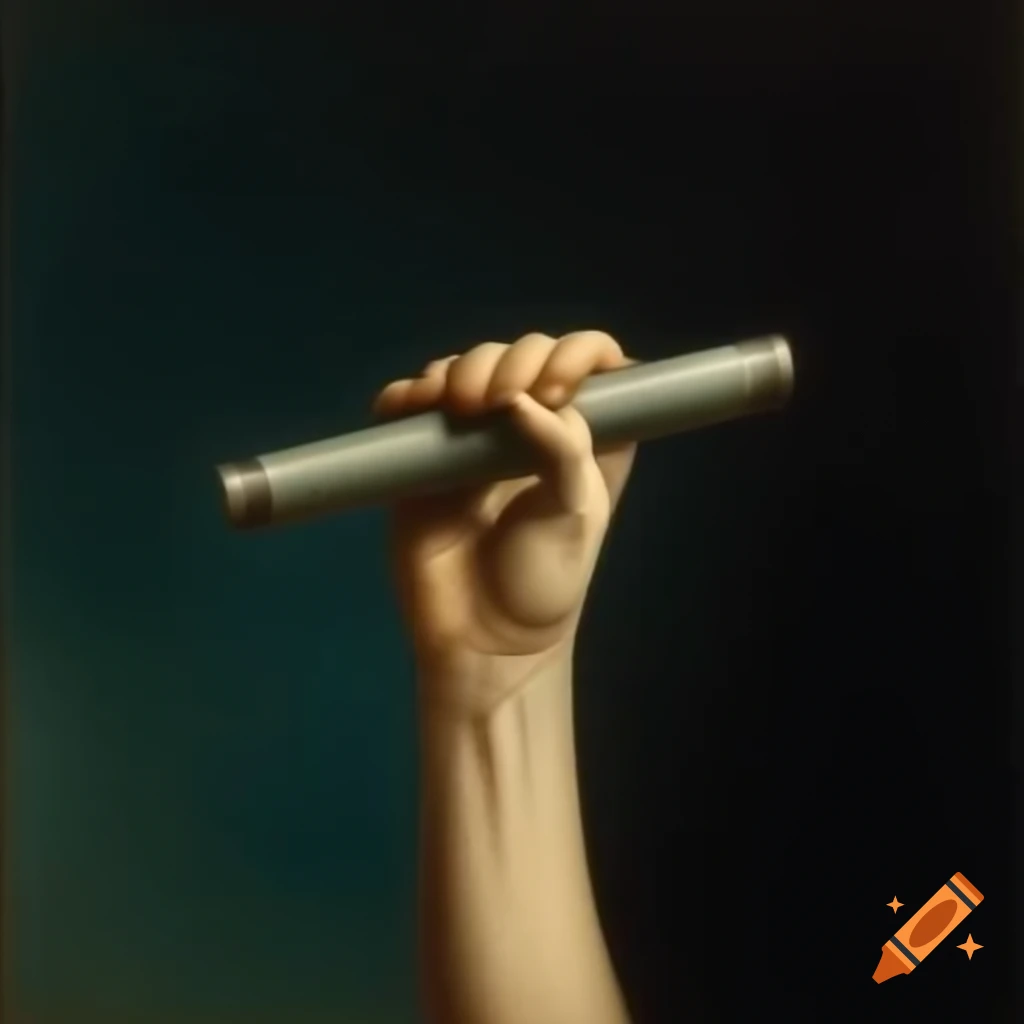 Elongated arm holding horizontal cylinder, reminiscent of Francisco de Goya's style