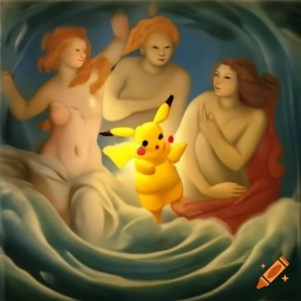 Radiant Pikachu in electric sea, inspired by Botticelli's Birth of Venus
