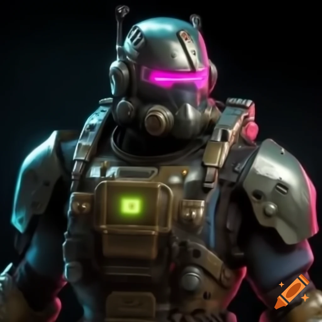 Heavily armored mercenary with a cyberpunk theme