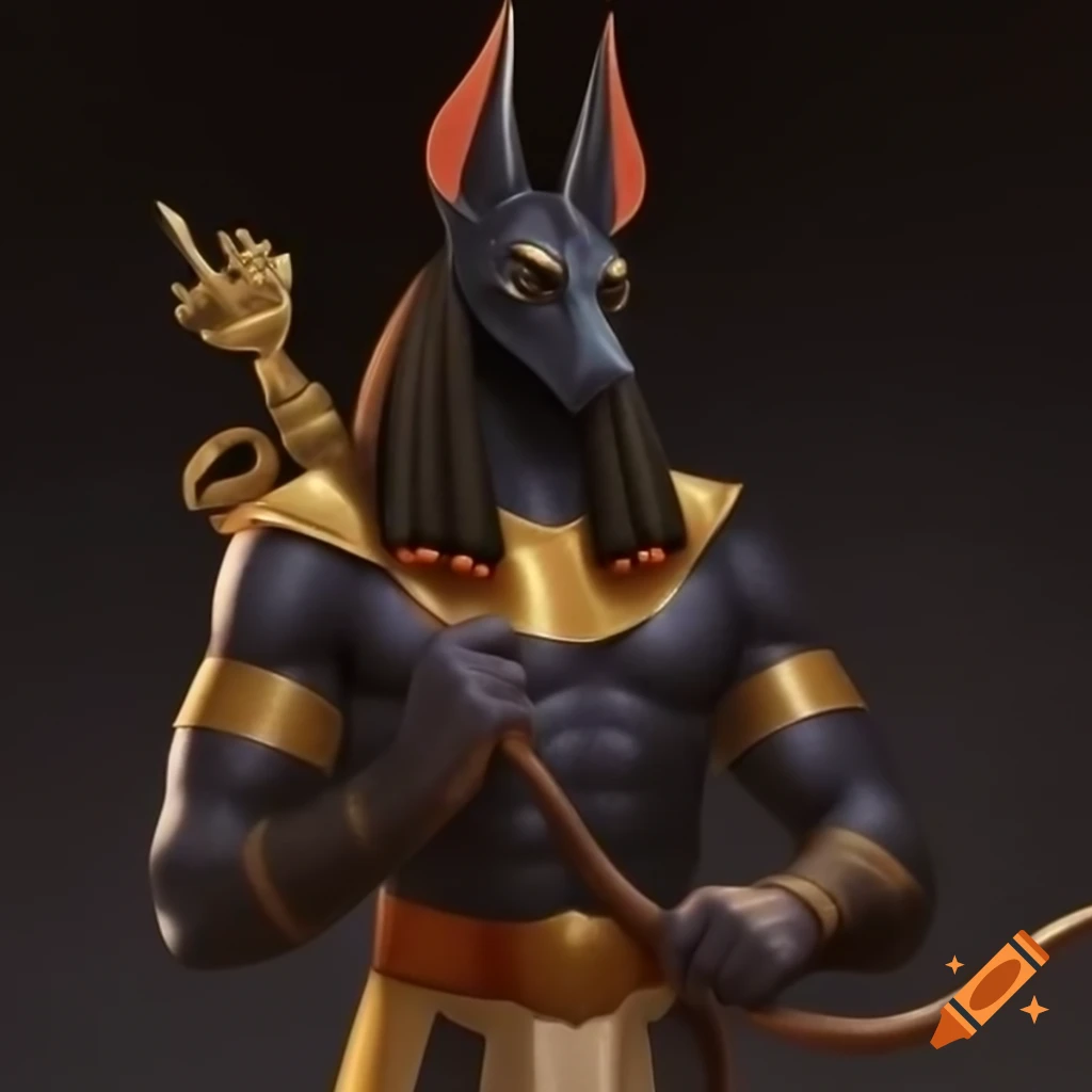 Figure with Anubis-like features holding bow and arrow in gold leather armor