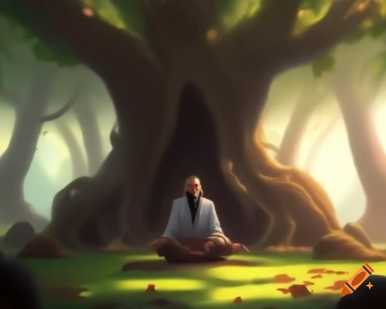 Rishabhanatha in deep meditation under banyan tree, serene atmosphere