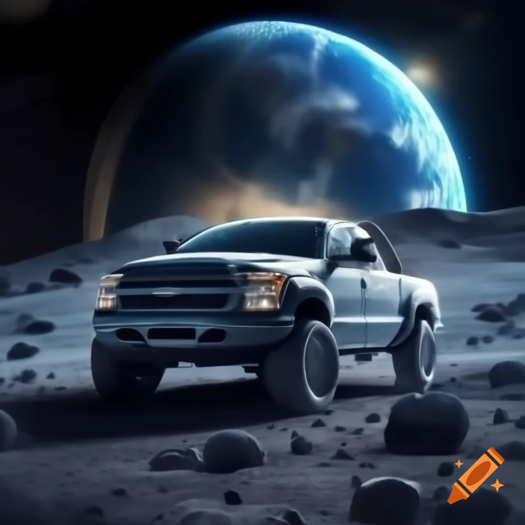 Pickup truck in space transporting moon rocks with Earth in the background