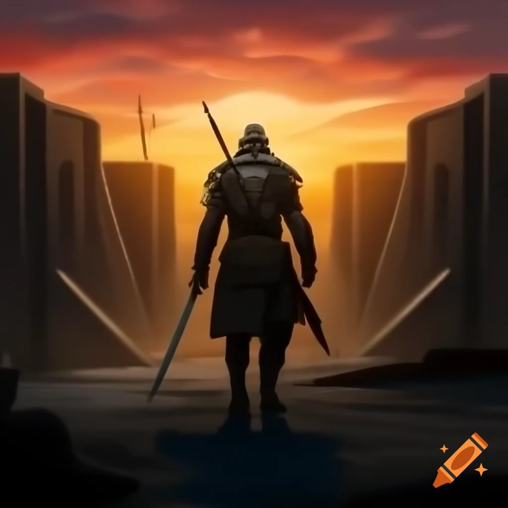 Sunset Warrior Ronin emerging from bunker in protective gear carrying helmet and sword