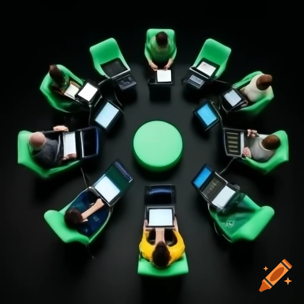 People in circle using electronic devices in an echo chamber with hexagonal crackers and green background