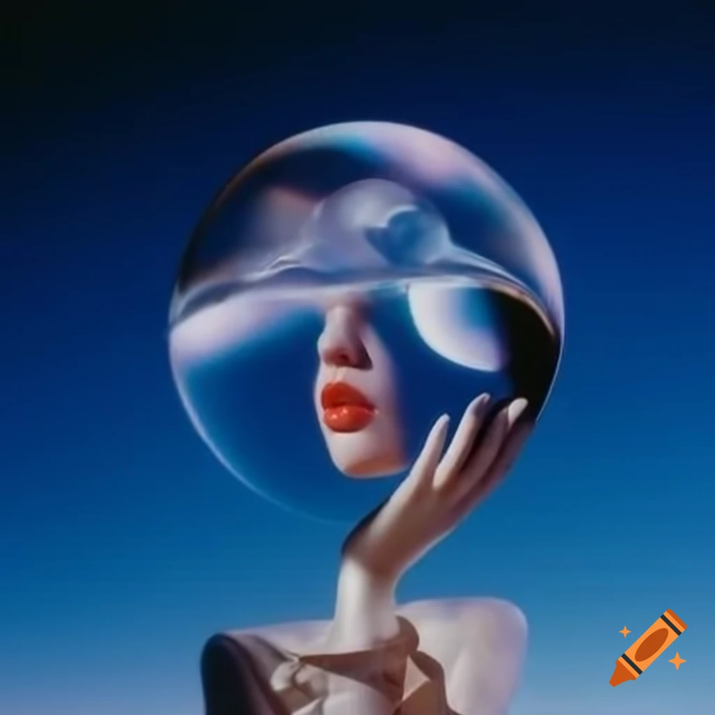 Pop surreal photography featuring iridescent glass statue