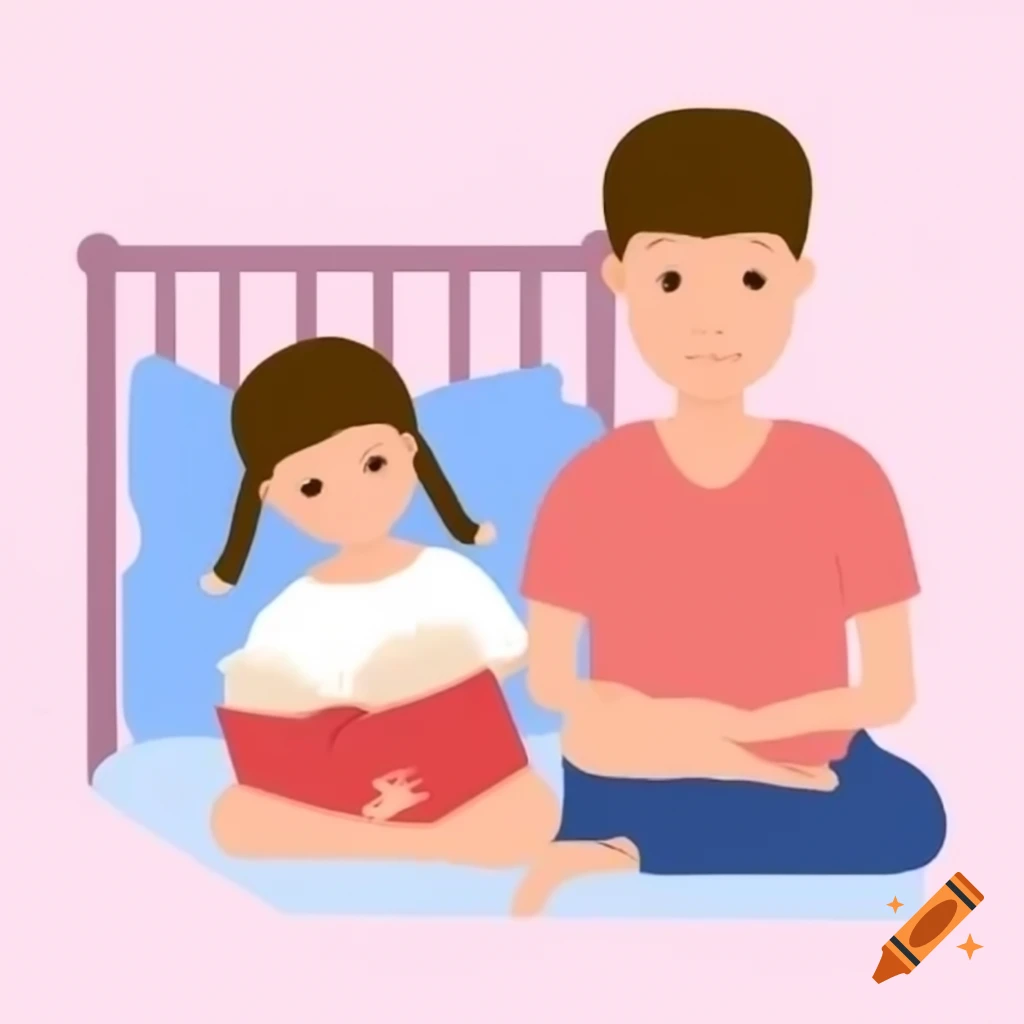Father reading bedtime story to daughter with pigtails in bed, cartoon style