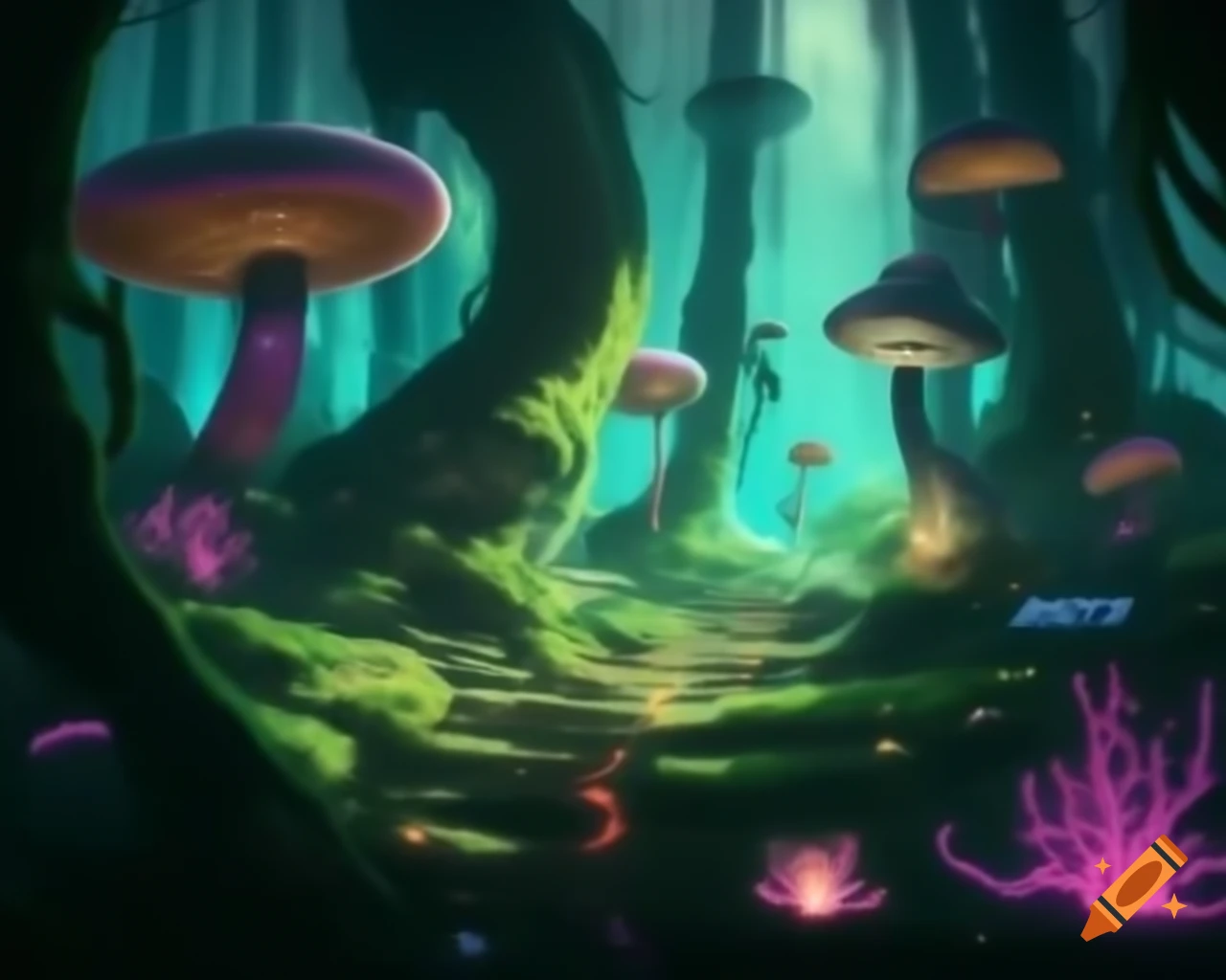 Surreal biopunk forest with glowing bioluminescent trees merging nature and technology