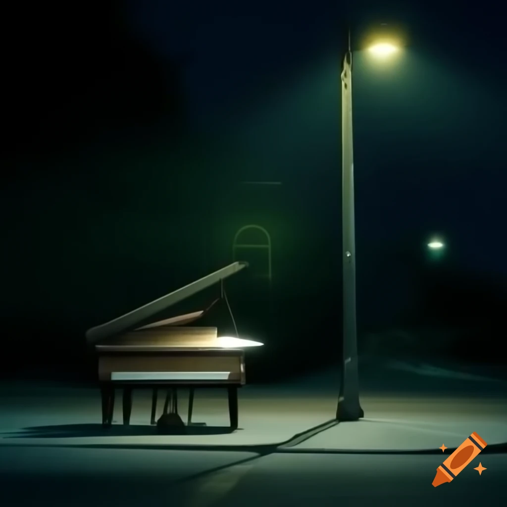 Piano illuminated by street lamp at night